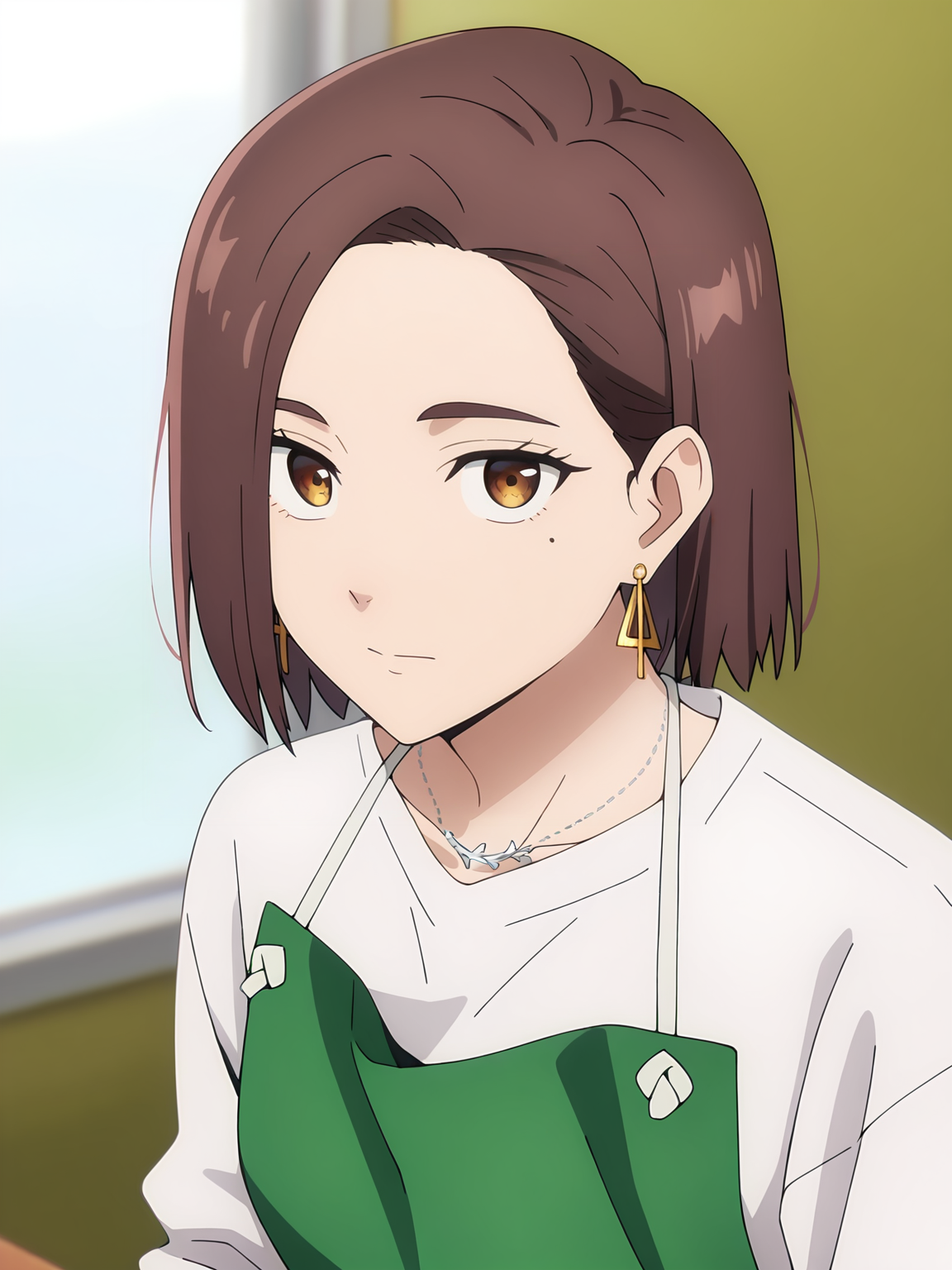 <lora:Kotoha_Tachibana_Characters:0.8>kotoha_tachibana, 1girl, solo, brown hair, short hair, brown eyes, earrings, mole under right eye, green full apron, sleeves rolled up, white shirt, silver necklace, looking at viewer, upper body