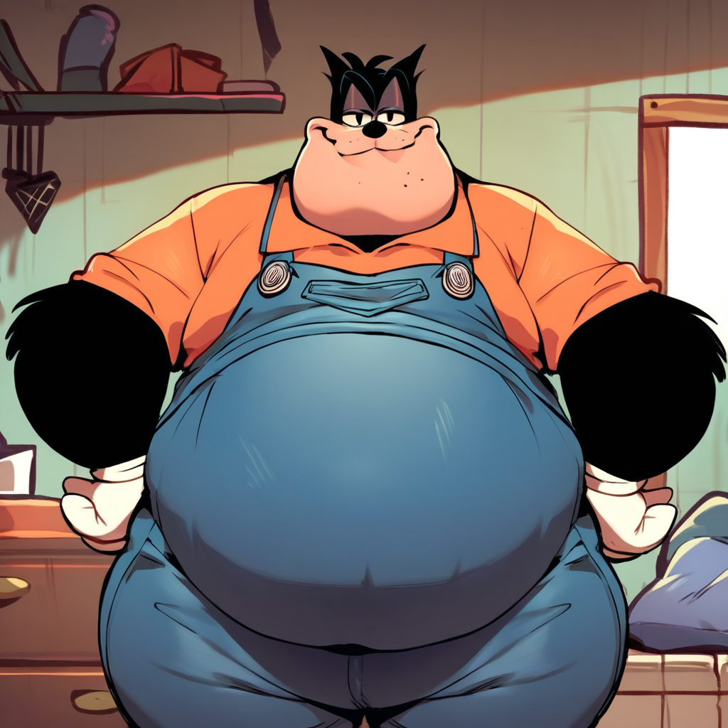 score_9, score_8_up, score_8, furry, Pete, cat, black fur, cartoon style, 2d, overweight male, big belly, moobs, thick thighs, wide hips, overalls only, standing, hands on hips, smug expression, looking at viewer, inside