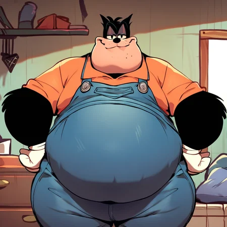 score_9, score_8_up, score_8, furry, Pete, cat, black fur, cartoon style, 2d, overweight male, big belly, moobs, thick thighs, wide hips, overalls only, standing, hands on hips, smug expression, looking at viewer, inside