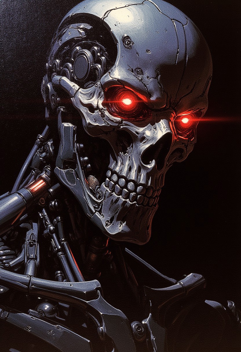 detailed renaissance oil painting, masterpiece, FredFraiStyle, close up on face, intricate detail, portrait of endoskeleton of terminator cybernetic machine soldier, with titanium skull and red glowing mechanical eyes, facing viewer, silhouetted,  directional lighting, one side of face in darkness, masterpiece, perfect composition