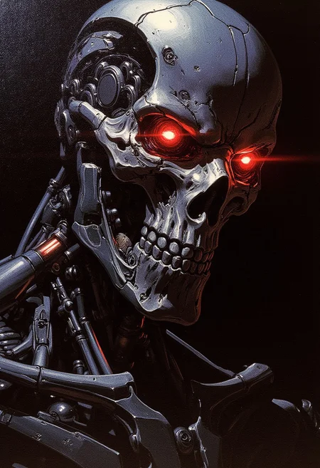 detailed renaissance oil painting, masterpiece, FredFraiStyle, close up on face, intricate detail, portrait of endoskeleton of terminator cybernetic machine soldier, with titanium skull and red glowing mechanical eyes, facing viewer, silhouetted, directional lighting, one side of face in darkness, masterpiece, perfect composition