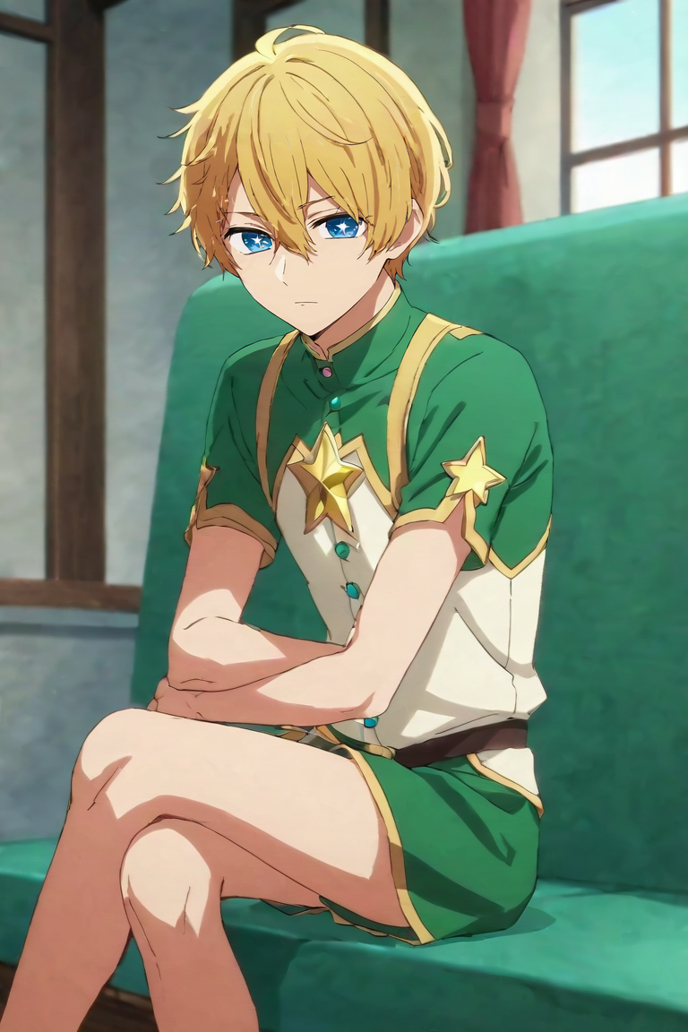 score_9, score_8_up, score_7_up, score_6_up, score_5_up, score_4_up, BREAK source_anime, anime screencap, anime coloring, , looking at viewer, , depth of field, 1boy, solo, male focus, <lora:aquamarine_hoshino_pony:0.74>, aquamarine_hoshino, blonde hair, blue eyes, , hair between eyes, , symbol-shaped pupils, star-shaped pupils, irish costume, , Sitting with arms and legs crossed, appearing closed-off, <lora:sdxl_lightning_8step_lora:1>