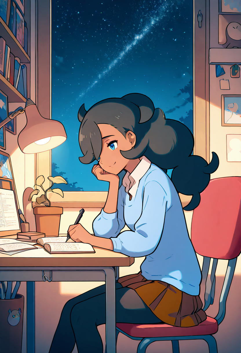 masterpiece, best quality, 1girl, solo, looking at viewer, smile,    zzEmma, blue eyes, long hair, black hair, dark skin, twintails, hair between eyes, hair over one eye,  white shirt, collared shirt, blue sweater, brown skirt, pleated skirt, black pantyhose,   <lora:EmmaPokemon_IXL_v1:1.0>, , zzLofi, sitting, side view, desk, chair, book, bookshelf, head rest, holding, holding pen, lamp, night, open book, pen, plant, potted plant, sky, star (sky), starry sky, window, windowsill, writing, <lora:LofiGirl_Style_IXL:0.8>,