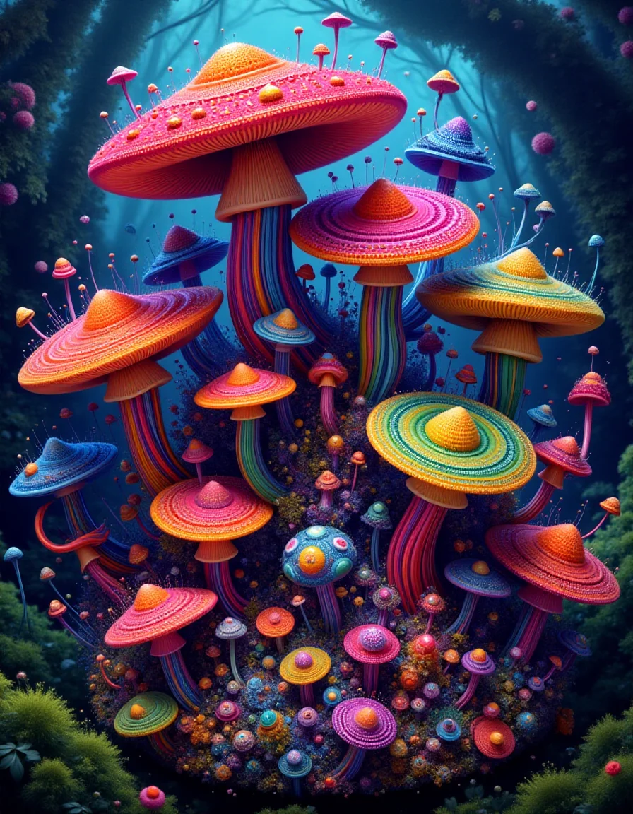 a magic mushroom meahophontron of colorful ral-frctlgmtry <lora:ral-frctlgmtry_flux:1>