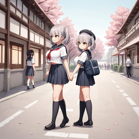 score_9, score_8_up, score_7_up, BREAK source_anime, multiple girls walking on the street, belorta, gray hair, twintails, shorthair, yellow eyes, big breast,
school uniform, sailor fuku, beret, school bag, wearing school bag, smile, walking, school background, street, cherry blossom, looking away, from side view,