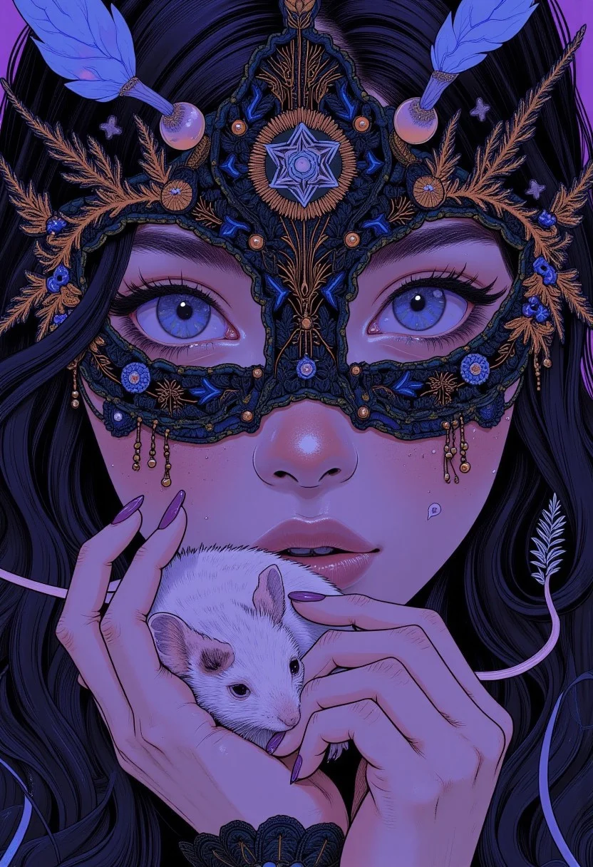 A hyper-realistic mid-shot portrait of a young woman adorned with a whimsical avant-garde *Venetian-style* mask made of finely woven black lace, featuring shimmering gold accents and delicate blue geometric patterns intricately embroidered around the edges. The mask, which covers the upper half of her face, is embellished with tiny silver beads that catch the light in soft glints, highlighting her piercing eyes. In her hands, she gently holds a small, cute white pet mouse, its soft fur contrasting against the woman’s pale skin. Her serene expression, with her vivid, luminous eyes, becomes the focal point, standing out against the subtle purple hue that envelops the entire frame. The composition is rendered in soft purple tones, while the mouse and her eyes remain in striking contrast, bathed in a gentle glow that enhances their details. The lighting creates an intimate, dreamlike atmosphere, emphasizing the intricate mask and the delicate presence of the mouse, while maintaining a surreal, ethereal quality throughout the image.