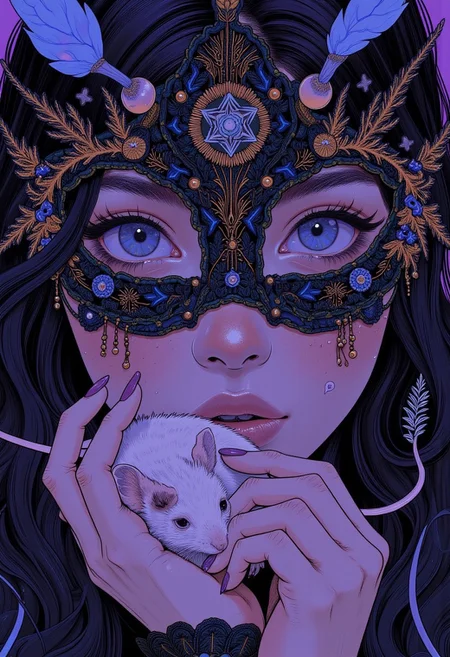 A hyper-realistic mid-shot portrait of a young woman adorned with a whimsical avant-garde *Venetian-style* mask made of finely woven black lace, featuring shimmering gold accents and delicate blue geometric patterns intricately embroidered around the edges. The mask, which covers the upper half of her face, is embellished with tiny silver beads that catch the light in soft glints, highlighting her piercing eyes. In her hands, she gently holds a small, cute white pet mouse, its soft fur contrasting against the woman’s pale skin. Her serene expression, with her vivid, luminous eyes, becomes the focal point, standing out against the subtle purple hue that envelops the entire frame. The composition is rendered in soft purple tones, while the mouse and her eyes remain in striking contrast, bathed in a gentle glow that enhances their details. The lighting creates an intimate, dreamlike atmosphere, emphasizing the intricate mask and the delicate presence of the mouse, while maintaining a surreal, ethereal quality throughout the image.