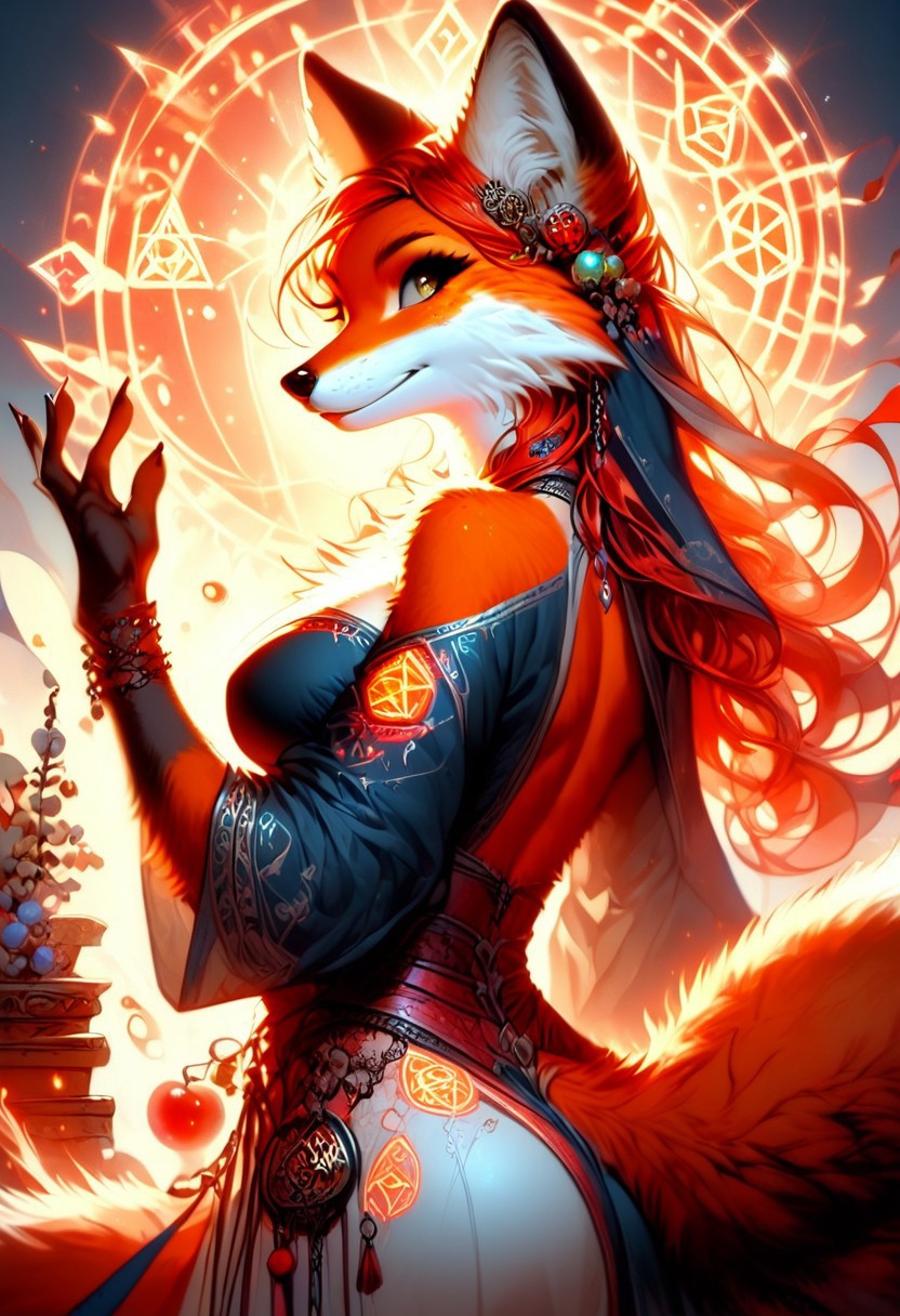 score_9, score_8_up, score_7_up, dancing dynamic pose,large breasts, slim waist, red hair, solo, anthro,fox,female,foxfolk,(red and orange fur, thick fur:1.3, extreamly detailed fur, soft fur),large breasts, slim waist, peach ass, sorceress, cleavage cut out, magical robes,Glowing runes on robes, Glowing Runes ,Glowing Rune Circle,  dynamic angle from back, looking back at viewer,magical athmosphere, realisitc,