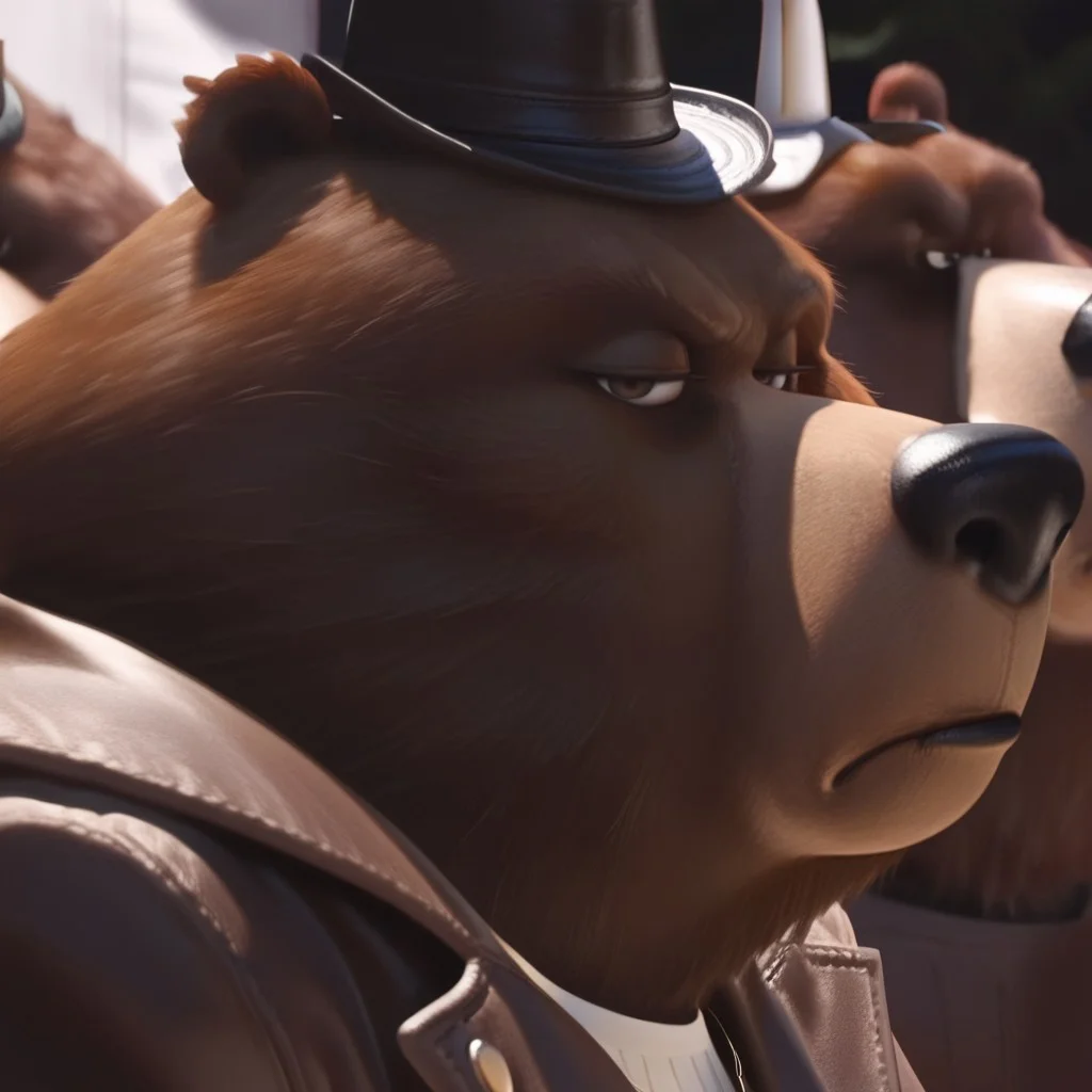 awa,masterpiece,best quality,absurdres,newest,perfect quality,detailed background,intricate details, Bear_leader, bust shot, realistic, closed mouth, Angry, face shot, Brown Jacket, white shirt, gold chain, hat, looking at viewer, half closed eyes, side view, from side, Dark Brown eyes