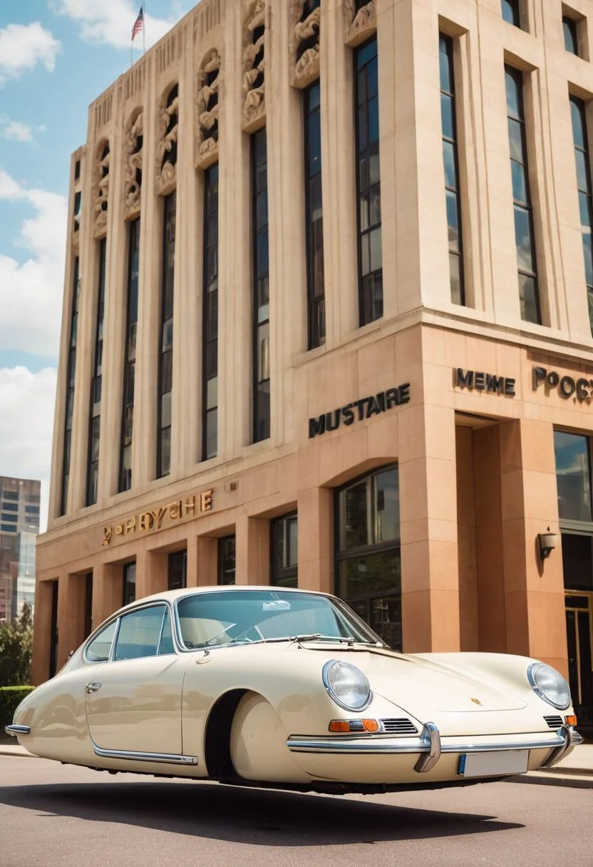 (low angle shot:1.4), an editorial photo of a 1960s Mustand and Porsche style Hovering_Car parked in front of a art deco style building, highly detailed, retro futurism, clean lines, fine art photography, award winning photography, film grain,