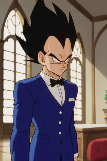 source_anime, score_9, score_8_up, score_7_up, anime screencap,8k, absurd res,
vegeta, black hair, black eyes, spiked hair,
butler, mansion, indoors, black bowtie, annoyed,
<lora:vegeta_pony_v1:0.8>