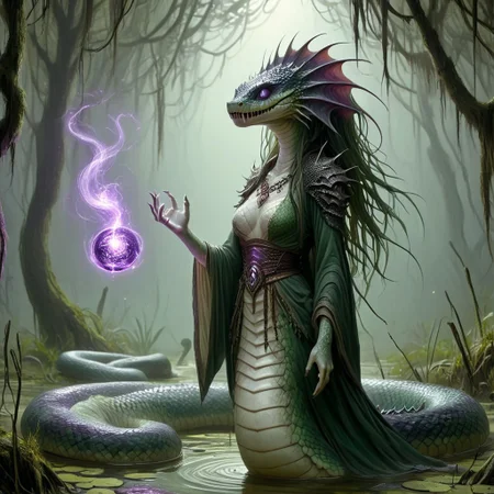 naga, hkstyle, female, casting a spell in a haunted swamp