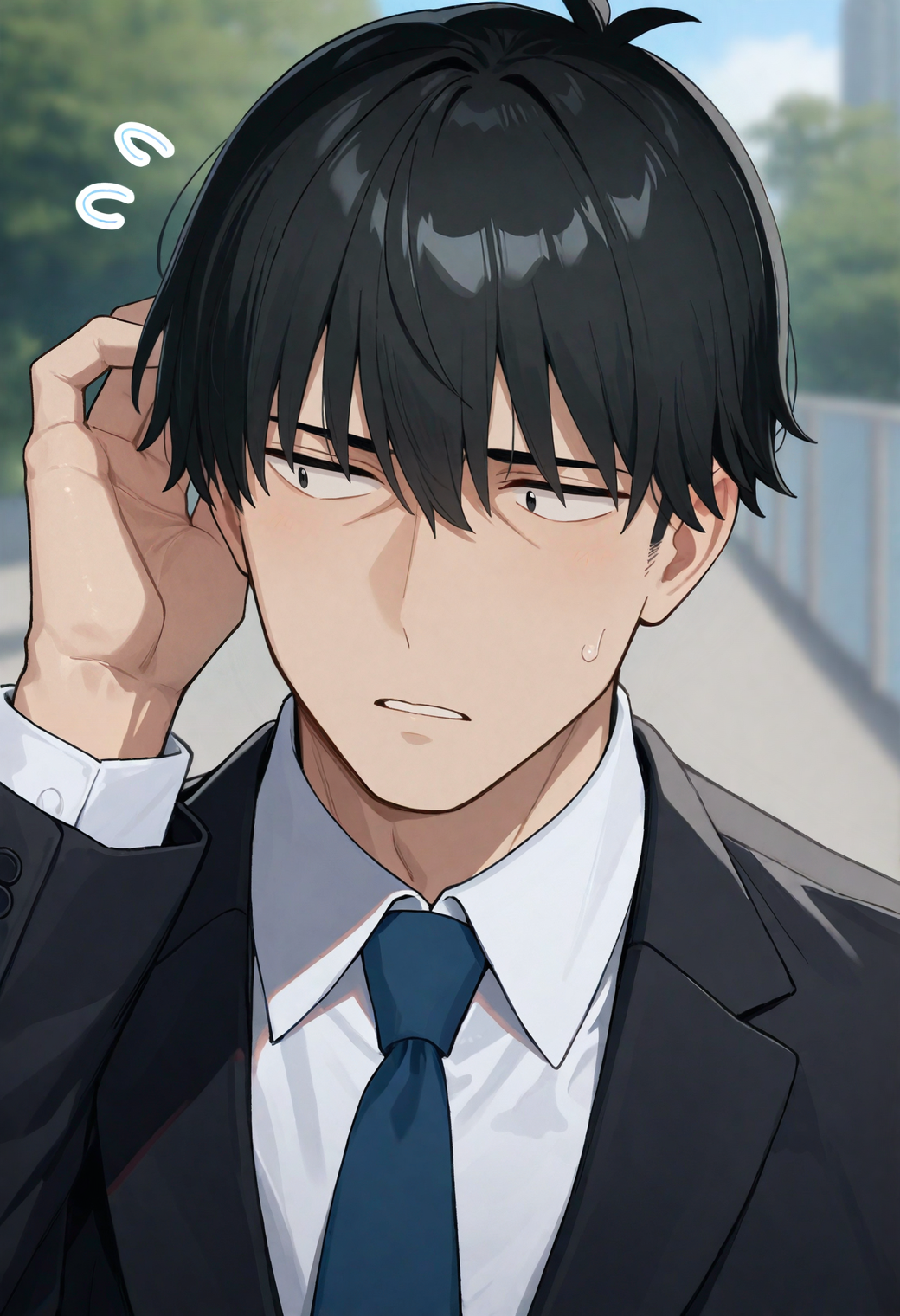masterpiece,best quality,
1boy,
sanpaku,<lora:takeuchiP_NAI_EPS_1_0_CAME_v1-000030_rev2:1>,t4k3uch1_p,black hair,black eyes,
white shirt,collared shirt,blue necktie,
black jacket,suit jacket,
looking to the side, parted lips, sweatdrop, flying sweatdrops, scratching head, 
blurry  background,scenery