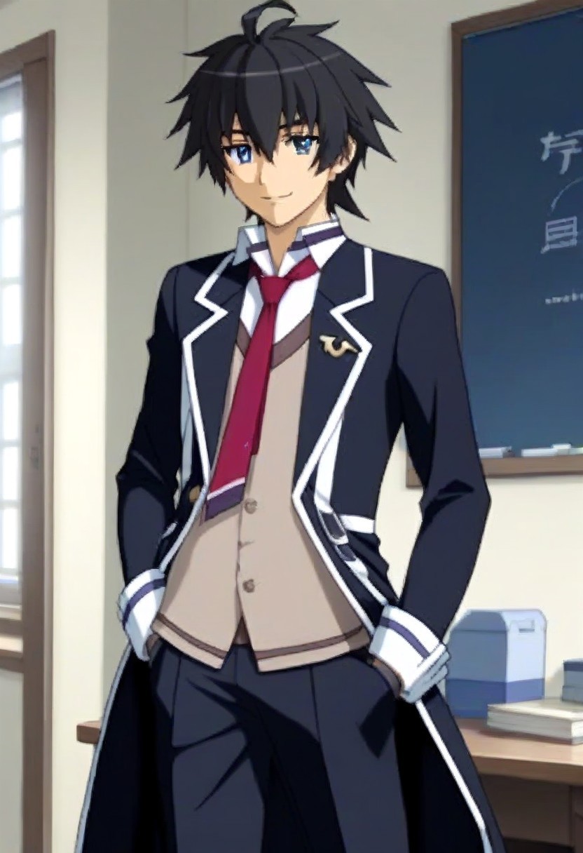 ((masterpiece)), ((best quality)), ((ultra-detailed)), ((absurdres)), score_9_up, score_8_up, score_7_up,
HD, top quality, best quality, amazing quality, High-quality illustrations, anime screencap, source_anime, best aesthetic, perfect proportions, perfect eyes, 1boy, 1male, solo boy, solo male, male focus, solo male focus, Anime, boy, male anime character, anime boy, handsome, sexy, cute, charming, ((tall, tall body, tall height)), ((lean body, slim body)), ((looking at front, looking at viewer)), ((front shot, front view, view from front)), Kanata Age, black hair, blue eyes, long black blazer coat, red necktie, fingerless glove, black pants, updn, easynegative, neghands, Expressiveh, ((cowboy shot, head to hips shot)), ((small smile)), ((school academy background, school campus))