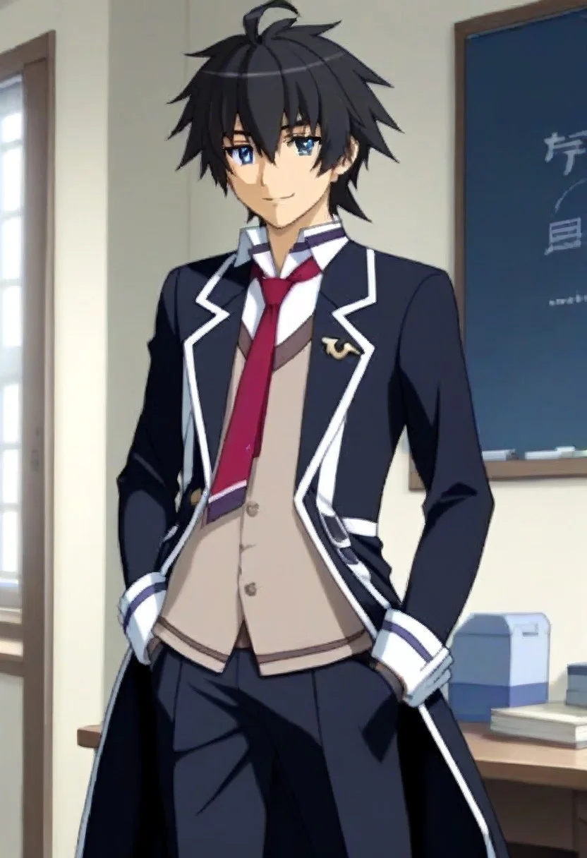((masterpiece)), ((best quality)), ((ultra-detailed)), ((absurdres)), score_9_up, score_8_up, score_7_up,
HD, top quality, best quality, amazing quality, High-quality illustrations, anime screencap, source_anime, best aesthetic, perfect proportions, perfect eyes, 1boy, 1male, solo boy, solo male, male focus, solo male focus, Anime, boy, male anime character, anime boy, handsome, sexy, cute, charming, ((tall, tall body, tall height)), ((lean body, slim body)), ((looking at front, looking at viewer)), ((front shot, front view, view from front)), Kanata Age, black hair, blue eyes, long black blazer coat, red necktie, fingerless glove, black pants, updn, easynegative, neghands, Expressiveh, ((cowboy shot, head to hips shot)), ((small smile)), ((school academy background, school campus))