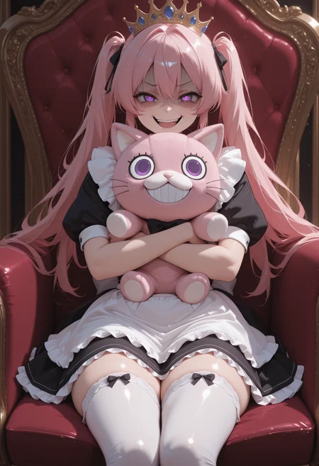 (masterwork, masterpiece, best quality, hyper-detailed, 8k uhd:1.4) 1girl,solo, CivChan, pink hair, purple eyes, <lora:CivChan_Illustrious:0.9> quality: masterpiece, extremely aesthetic, highly detailed, vibrant colors, vivid colors, saturated, crazy smile, maid outfit thigh highs, (millionaire:1.4), sitting on a royal throne, wearing a (crown with blue gems:1.2), holding a huge cute pink cat plushie
