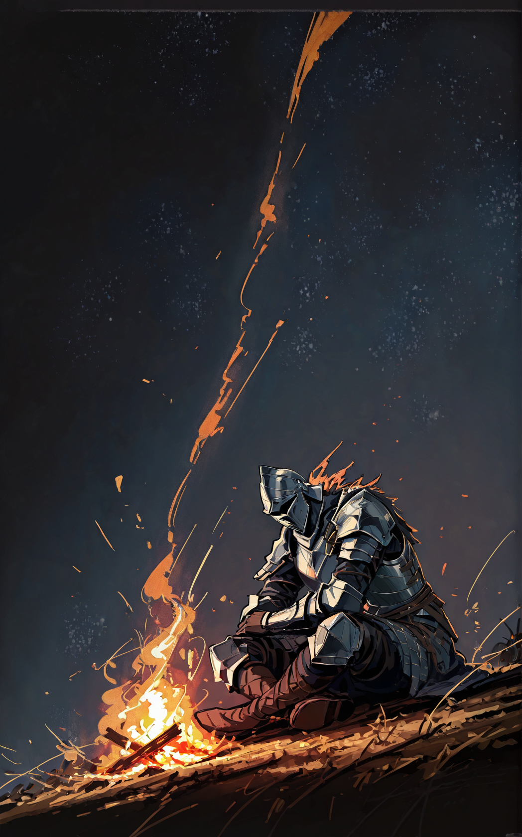 1boy,solo,ashen one \(dark souls 3\),(Broken_clothes:1.1),dilapidated_clothes,helmet,armor,in armor,plate armor,
darksign (dark souls),Sitting in front of the bonfire,sitting,
night,bonfire \(dark souls\),Cinematic Lighting,cinematic_angle,masterpiece,best quality,(dark souls:1.5),dark_theme,hyperdetailed,best quality,masterpiece,absurdres,wallpaper,faux_traditional_media,impasto,<lora:rafaelaaa:0.9>,