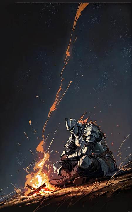 1boy,solo,ashen one \(dark souls 3\),(Broken_clothes:1.1),dilapidated_clothes,helmet,armor,in armor,plate armor,
darksign (dark souls),Sitting in front of the bonfire,sitting,
night,bonfire \(dark souls\),Cinematic Lighting,cinematic_angle,masterpiece,best quality,(dark souls:1.5),dark_theme,hyperdetailed,best quality,masterpiece,absurdres,wallpaper,faux_traditional_media,impasto,<lora:rafaelaaa:0.9>,