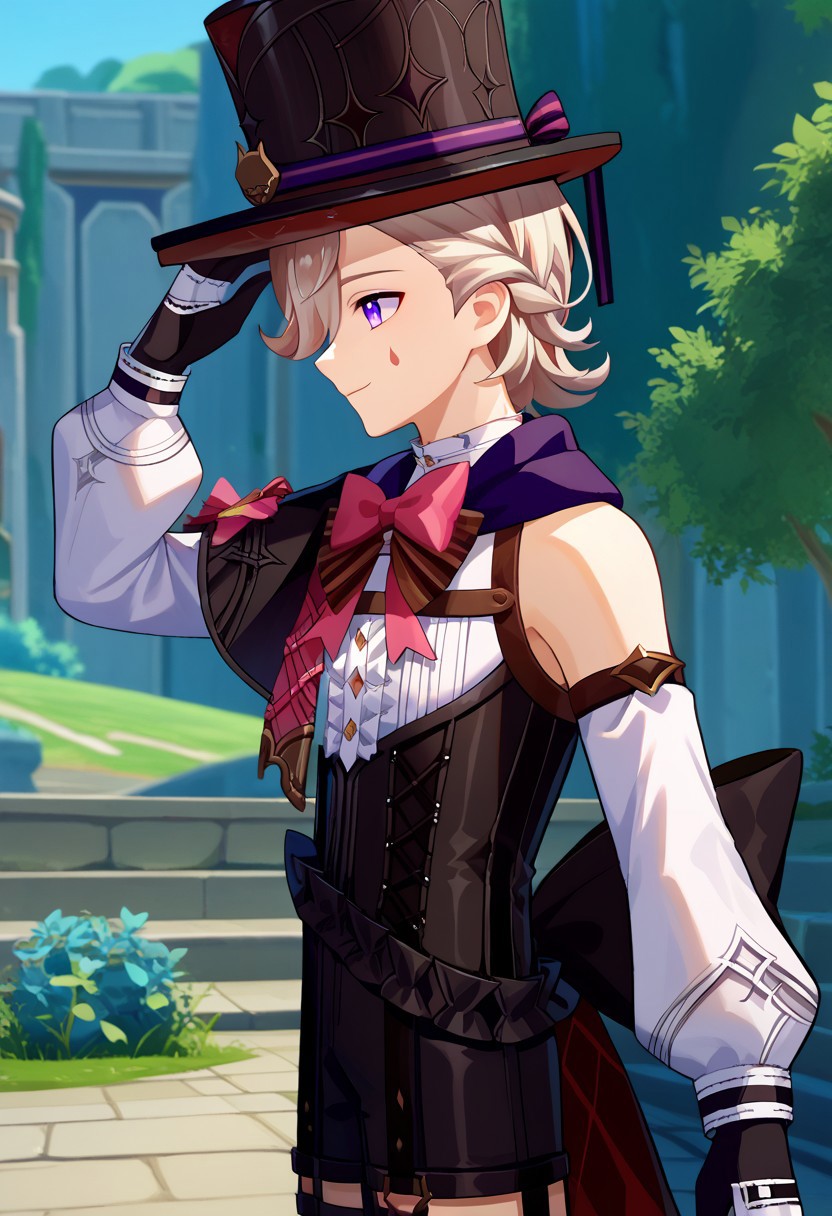 score_9, score_7_up, source_anime 
lyney, 1boy, male focus, solo, purple eyes, blonde hair, short hair, braid, hair over one eye, teardrop facial mark, ouji fashion, hat, top hat, black headwear, capelet, bow, pink bow, shirt, white shirt, frills, center frills, corset, detached sleeves, long sleeves, puffy long sleeves, puffy sleeves, gloves, black gloves, profile, hand on headwear, smile,
outdoor,