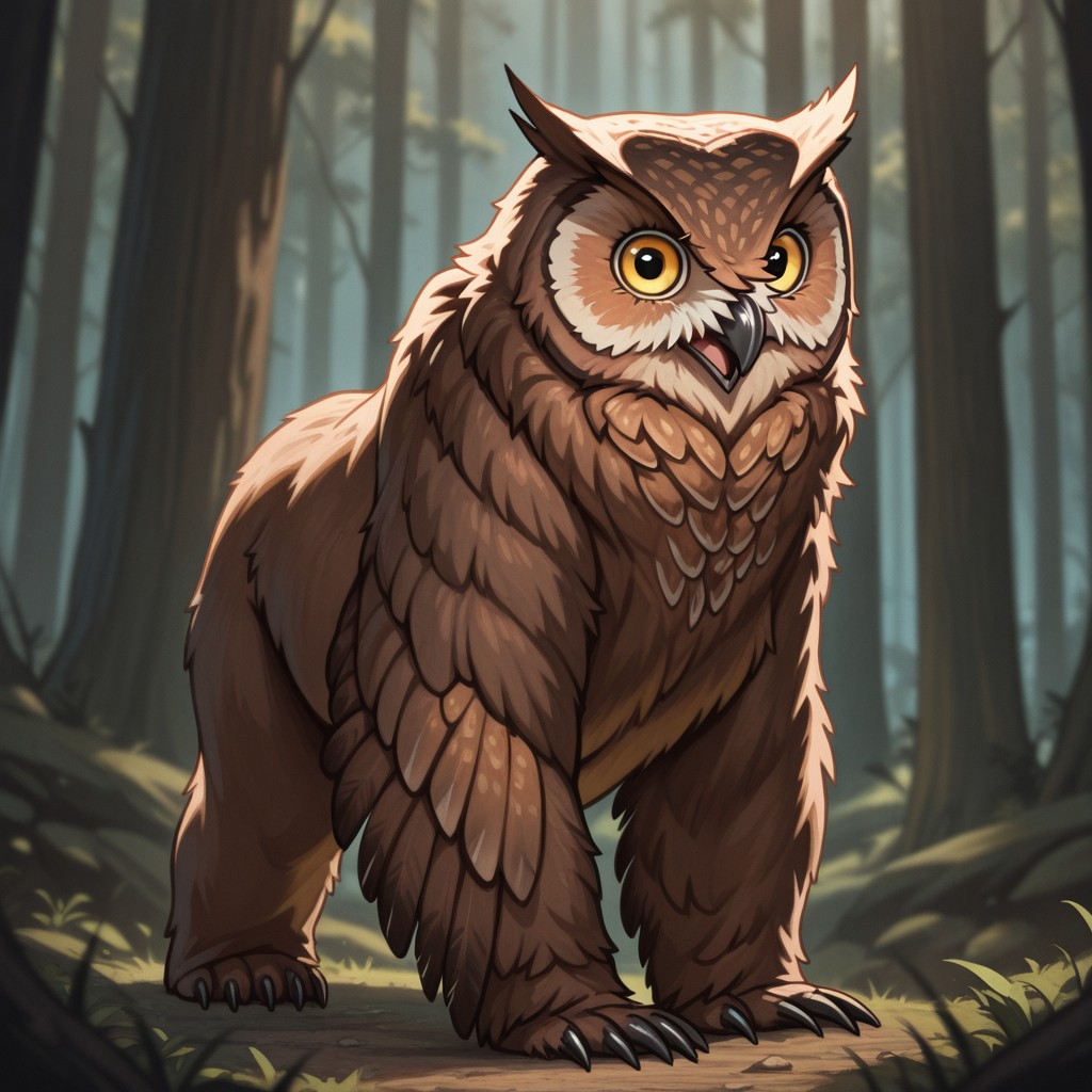 masterpiece, best quality, amazing quality, very aesthetic, solo, full body,
owlbear, feral, owl's head, bear's body,
1 male, brown fur, yellow eyes,
looking at the viewer, posing,
fantasy background, blurred background, forest,