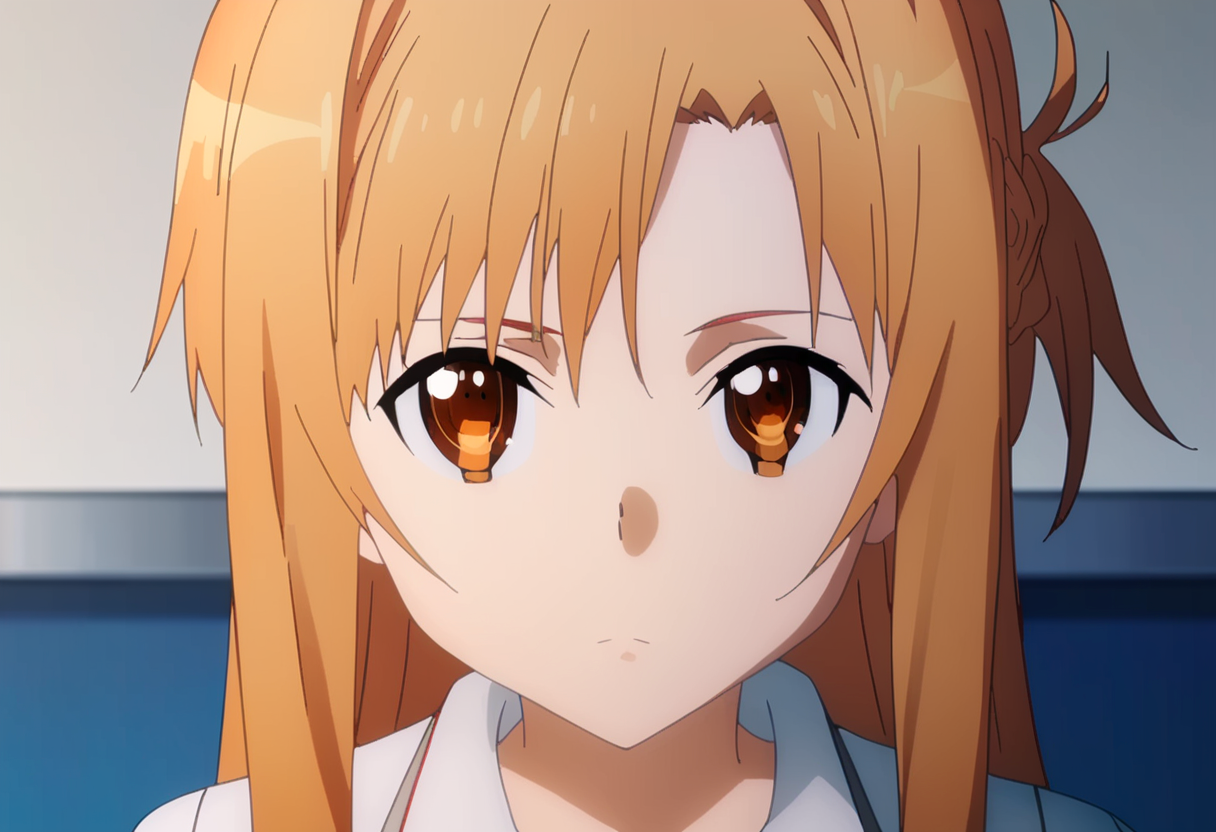 score_9,   <lora:yuuki_asuna:1> yuuki asuna, 1girl, asuna (sao), braid, brown eyes, brown hair, looking at viewer, indoors, long hair, parody, shirt, solo, yuuki asuna
