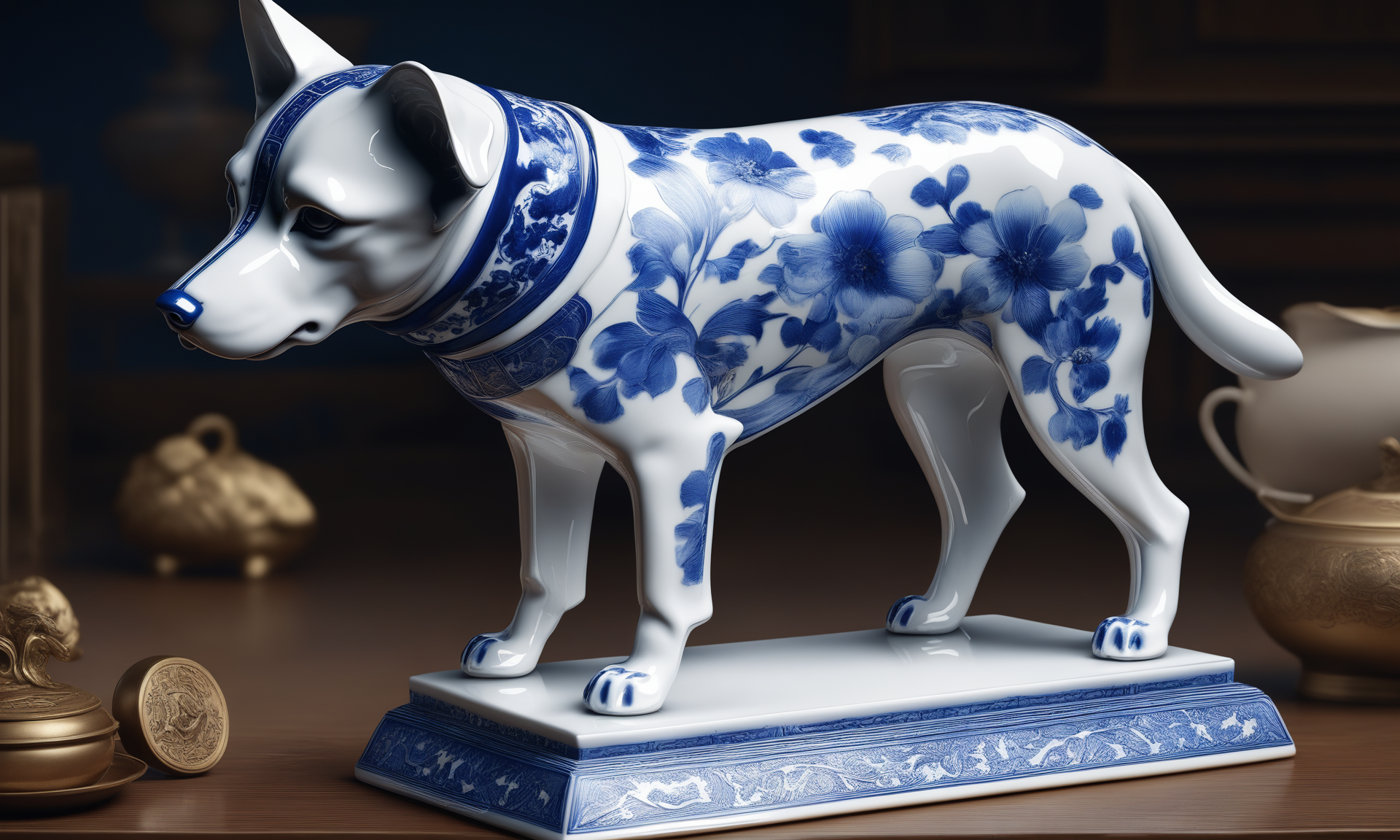 <lora:bwporcelaincd_xl-000007:0.7>, a statue of a dog standing on a table made of (bwporcelaincd_xl, blue and white porcelain, porcelain:1.2, shiny:1.3, solo:1.3) in office, indoors, full body, chinese zodiac, cutie, cute, still life, animal statue, front view, facing viewer, looking at viewer, (Unbelievable Digital Artwork:1.3), CGSociety, ArtStation, master works, 8K,HDR,UHD,masterpiece,best quality,highly detailed,emotional,harmonious,high budget,moody,epic,gorgeous,high resolution,perfect lighting,finely detail,extremely detailed,ultra detailed,realistic,photorealistic,huge filesize,photographic,real,wallpaper,moody lighting,volumetric lighting,reality ray tracing