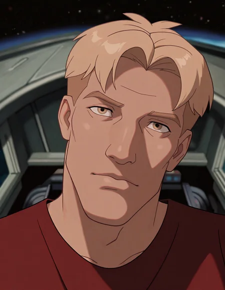 masterpiece, best quality, newest, perfect quality, best quality, instricate details, detailed background, male focus, animated, <lora:Titan AE - Cale Tucker - Illustrious-000007:0.7>, titan_cale, 1boy, mature male, blonde hair, very short hair, hazel eyes, red sleeveless shirt, spacecraft interior, cockpit, space, head tilt, looking at viewer, portrait