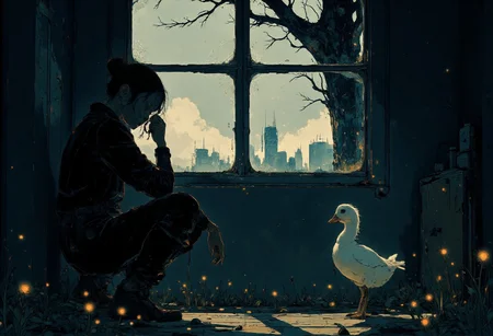 a dramatic and atmospheric digital artwork depicting a sorrowful woman sitting in the shadows, her form silhouetted against beams of soft, ethereal light streaming through a broken window. Her head is bowed, one hand resting against her forehead, and the other hand gently extended forward, fingers reaching into the faint light. Around her, scattered autumn leaves drift gently across the floor, adding texture to the melancholic scene.
In stark contrast to the somber atmosphere, a white duck stands a few feet in front of her, gazing up at the woman with an expression of quiet curiosity. The duck's clean, white feathers stand out vividly against the dark background, and its posture is relaxed yet attentive, as though observing the woman with innocent confusion. The soft light highlights the edges of the duck's form, adding a subtle glow that draws the viewer's eye.
The juxtaposition of the sorrowful woman and the seemingly out-of-place duck creates a surreal, slightly whimsical tone within an otherwise heavy and moody environment. The art style emphasizes realistic lighting, sharp contrasts, and emotional depth, blending darkness with a touch of unexpected humor and wonder.
<lora:Anime v1.3:1.2> <lora:Blue_Future:0.9> <lora:Ethereal_Brush_Anime_v1.0:0.6> <lora:It's a LoRA for portraits, BUT! actually specialized in backgrounds. v1.0:0.2>