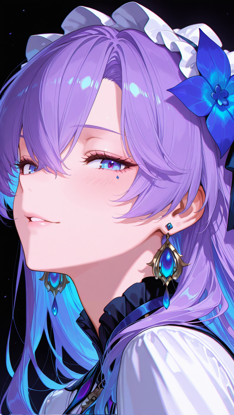 1girl, solo, long_hair, looking_at_viewer, smile, bangs, blue_eyes, simple_background, hair_ornament, 1boy, hair_between_eyes, jewelry, blue_hair, purple_hair, flower, male_focus, earrings, parted_lips, virtual_youtuber, hair_flower, black_background, portrait, blue_flower