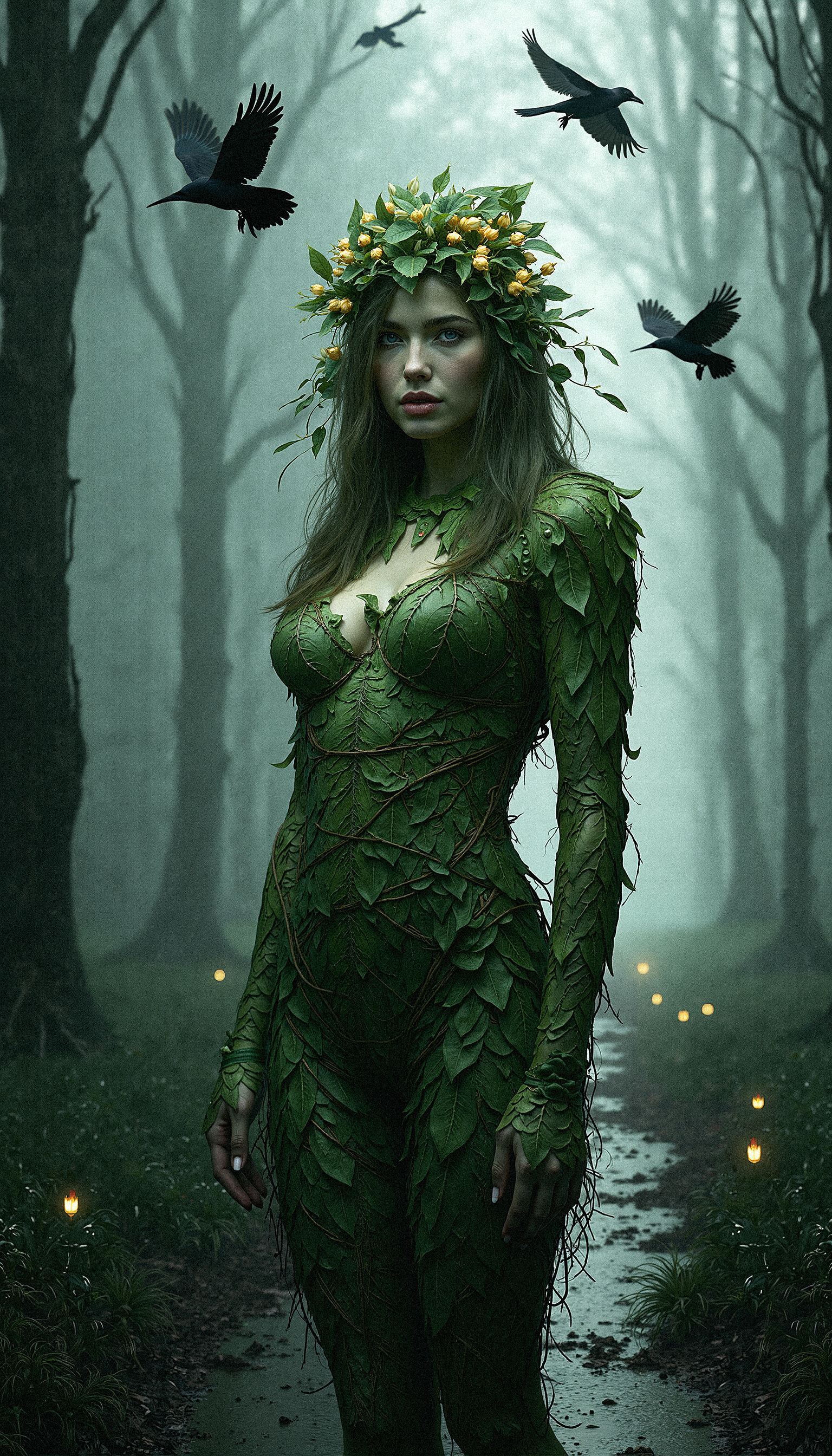 a photorealistic portrait of a forest spirit, emerging from a misty, dark forest. Her body is formed from interwoven leaves and vines, with pale green skin that blends into the bark of the trees around her. Her hair is made of cascading leaves, adorned with golden, glowing seed pods that provide a soft illumination in the gloomy setting. The trees are twisted and barren, with crows flying above, adding a sense of movement and unease to the scene. Her gaze is intense yet calm, as if she is the guardian of the forest’s secrets, embodying both its beauty and its dangers.

The background is filled with mist, obscuring the path behind her and creating a mysterious ambiance. The light is muted, casting shadows that emphasize the textures of her leafy body and the reflective wetness of the forest floor. The contrast between her green, life-filled form and the dark, decaying forest evokes a balance between growth and death, light and darkness. Aim for a hyper-realistic style that brings out the intricate details of her leaf-textured skin, the glowing seed pods, and the eerie, desolate beauty of the forest.*


