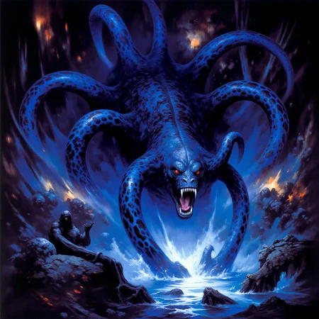 highly detailed masterwork fantasy oil painting in the style of fr4z3tt4, detailed expressive eyes, fantasy style, deep within the underground caves of the first moon of planet "nurblesphere iii", the bioluminescent "odd gubrontz" may be found which resembles a hybrid of the primordial "repulsive craglobberer" and the majestic "glowing doomgungler", similar to the "temporal lubsarg" it uses its night blue flexible tentacles to traverse the engifronged cave walls with blobbering grace, leaving behind trails of softly glowing patterns, old masters painting <lora:frank_frazetta-flux-by_darmox:0.68> <lora:image_enhancer-flux-by_dever:0.6> <lora:midjourney_61-flux-by_aidigitalmediaagency:0.4>
