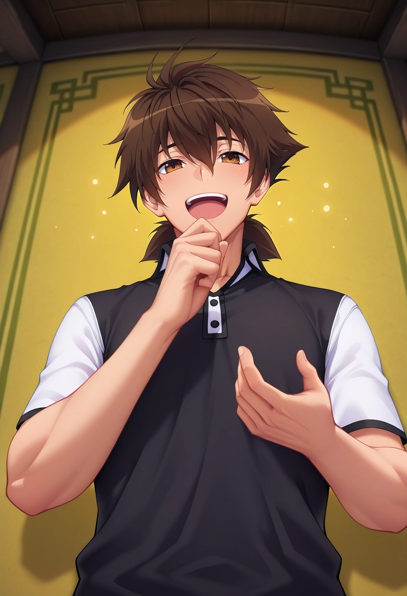 masterpiece, best quality, , (photorealistic:0.6), , 1boy, solo, male focus, <lora:issei_hyoudou_ilxl:0.92>, issei_hyoudou, brown hair, brown eyes, hair between eyes, short hair, dxd hero, from below, great wall of china, indoors, singing, giggling,