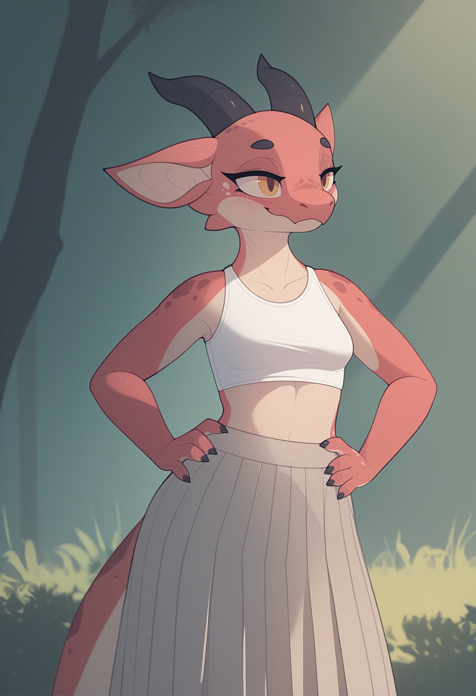 cutesy-two, 1girl, female furry, kobold, horns, head tilt, anthro, topless, light brown pleated long skirt, small breasts, white crop top, smile, half-closed eyes, hands on hips, volumetric lighting, dappled sunlight, [3d],
very awa, masterpiece, best quality, year 2024, newest, highres, absurdres, scenery