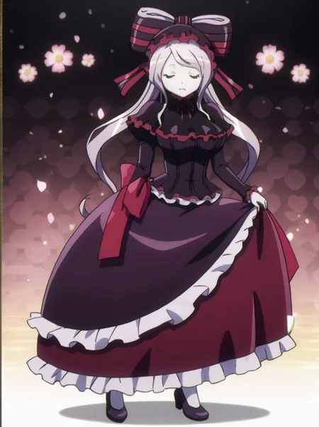 detailed background, shiny skin, posing, rating safe,
<lora:shalltear.pony:1>,
shalltear,
large breasts,
full body,
leaning, greeting, closed eyes, holding skirts,