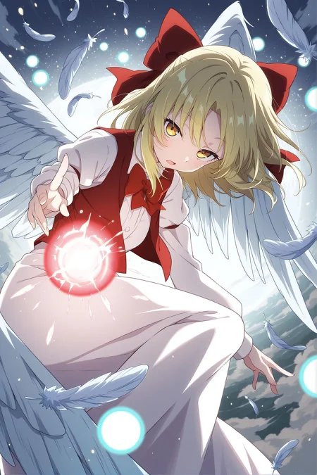 absurdres, highres, masterpiece, best quality, amazing quality, official anime artwork, screencap, anime screencap, outdoors, looking at viewer, dynamic pose, midair, flying,
<lora:Gengetsu_Illustrious:1> gengetsu, yellow eyes, blonde hair, short hair, angel wings,, hair bow, red bow, red bowtie, red vest, open vest, white shirt, puffy long sleeves, sleeve ribbon, white skirt, danmaku, energy ball, feathered wings, feathers, open mouth, sleeve garter,