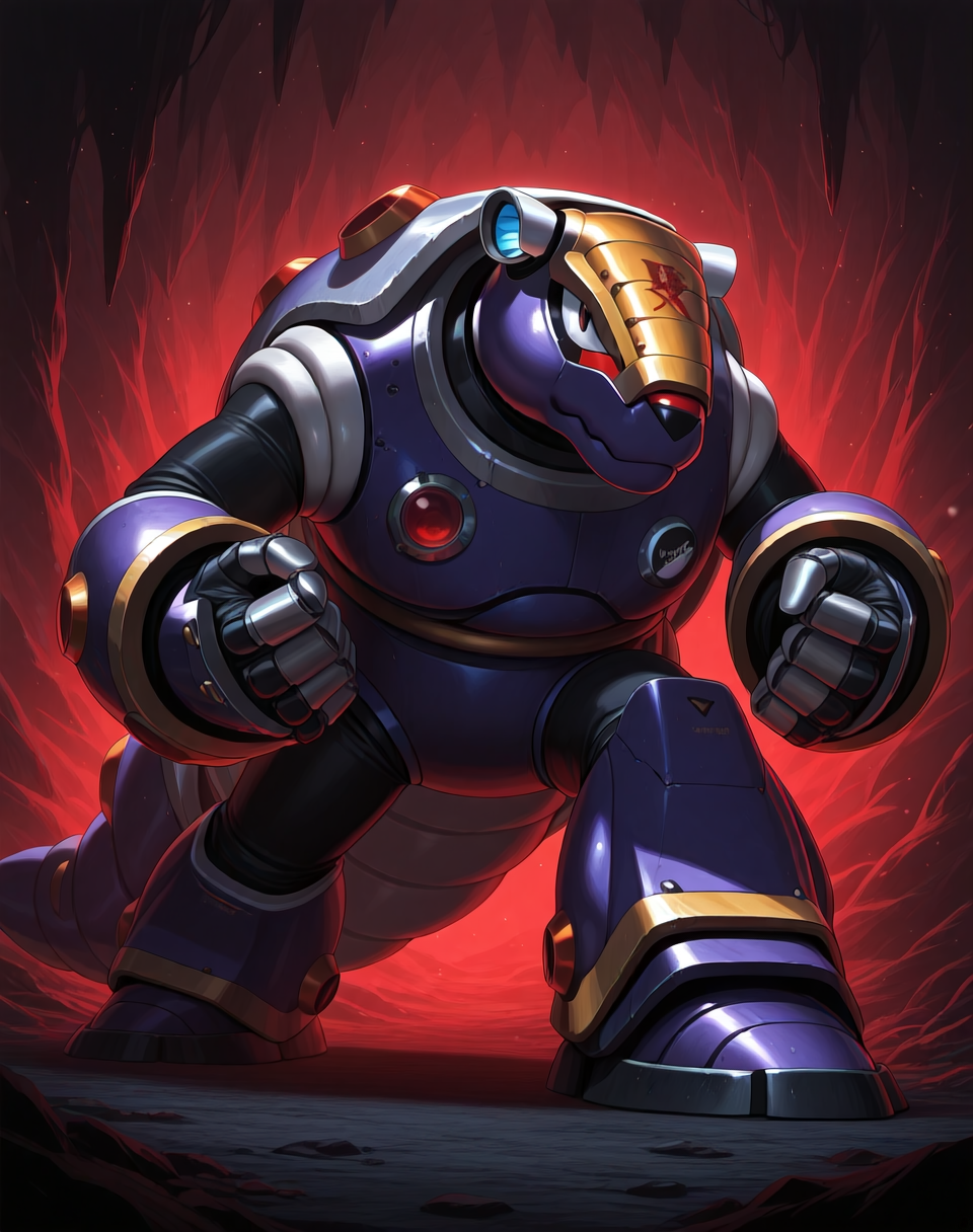 <lora:Armored_Armadillo_(Mega_Man_X)_(Illustrious)_(AD):1> Armored Armadillo, reploid, MMX, 
exterior, underground mine, 
male focus, intense shadows, dynamic shadows, intricate details, attention to details, gradient coloring, robot, 
BREAK very awa, masterpiece, best quality, amazing quality, very aesthetic, highres, absurdres, 
EZRealPONYXL, zPDXL, Smooth Quality, lazynsfw,