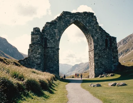 GroovyAesthetica, 1970s style, Using a 35mm lens, take a Kodachrome photograph. Scenic photo.
<break>
A dramatic, sweeping archway, in a rich, dark stone, set against a creamy white background, giving the impression of a 1970s architectural wonder.