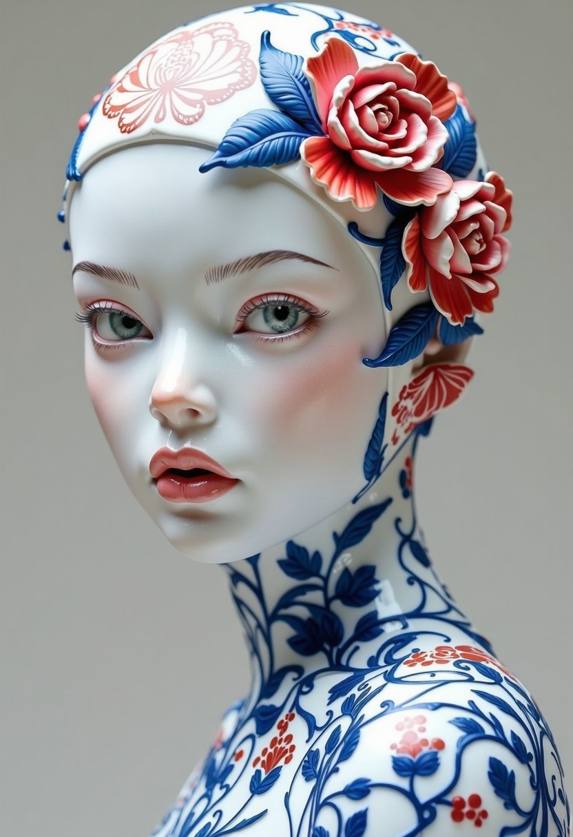A close-up of a porcelain sculpture. The face is smooth and pale, featuring delicate features with full lips and a slight blush on the cheeks. The eyes are light green, holding an intense gaze. The head is adorned with intricate red floral patterns and (three-dimensional rose flowers), resembling traditional blue-and-white porcelain designs. The design wraps around the neck and shoulders, enhancing the sculpture's artistic appearance. The background is simple and unobtrusive, allowing the figure to stand out prominently. <lora:FLUX.1-Turbo-Alpha:1> <lora:CTAI-Ceramic:1>