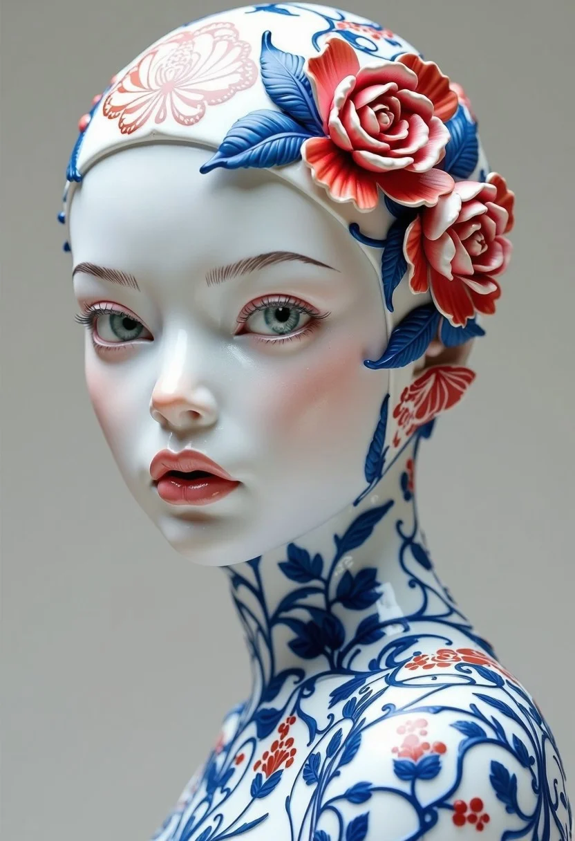 A close-up of a porcelain sculpture. The face is smooth and pale, featuring delicate features with full lips and a slight blush on the cheeks. The eyes are light green, holding an intense gaze. The head is adorned with intricate red floral patterns and (three-dimensional rose flowers), resembling traditional blue-and-white porcelain designs. The design wraps around the neck and shoulders, enhancing the sculpture's artistic appearance. The background is simple and unobtrusive, allowing the figure to stand out prominently. <lora:FLUX.1-Turbo-Alpha:1> <lora:CTAI-Ceramic:1>
