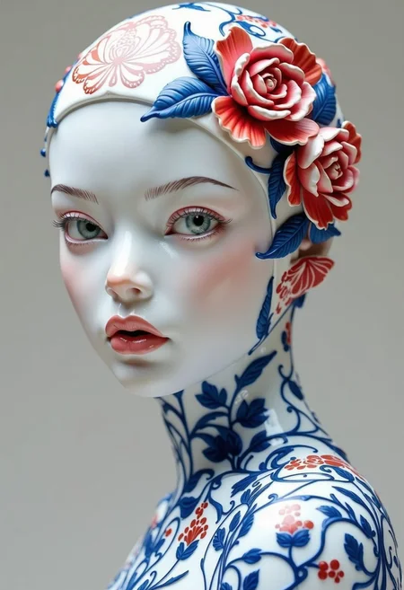 A close-up of a porcelain sculpture. The face is smooth and pale, featuring delicate features with full lips and a slight blush on the cheeks. The eyes are light green, holding an intense gaze. The head is adorned with intricate red floral patterns and (three-dimensional rose flowers), resembling traditional blue-and-white porcelain designs. The design wraps around the neck and shoulders, enhancing the sculpture's artistic appearance. The background is simple and unobtrusive, allowing the figure to stand out prominently. <lora:FLUX.1-Turbo-Alpha:1> <lora:CTAI-Ceramic:1>