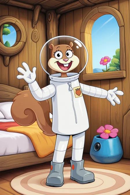 masterpiece, best quality, amazing quality, absurdres, sandycheeks, furry female, brown fur, squirrel tail, solo, smile, standing, looking at viewer, open mouth, waving, space helmet, pink flower, white spacesuit, grey boots, indoors, treehouse, wooden wall, window, carpet, bed, blue sky, day