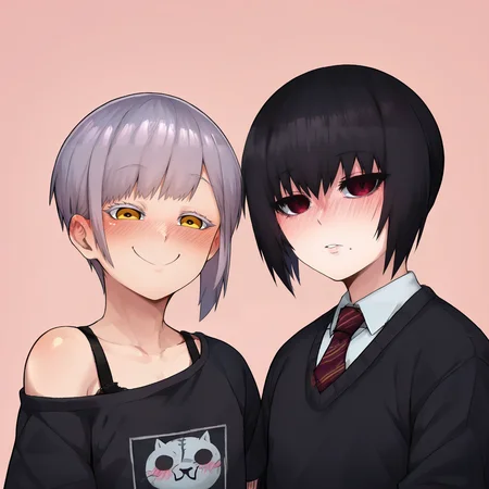 score_9, score_8_up, score_7_up, ((DUO)), <lora:add-detail-xl:3>, <lora:ain_in:0.45>, portrait, split screen, 2boys, LOOKING AT VIEWER,simple background,pink background,
BREAK shiro, yellow eyes, silver hair, short hair, otoko no ko,  off-shoulder shirt, black, bra, black shirt, smirk, tongue, :P, blush,
BREAK kuro, crimson eyes, black hair, short hair, otoko no ko, mole under mouth, expressionless, school outfit, collared shirt, necktie, black sweater, blush,