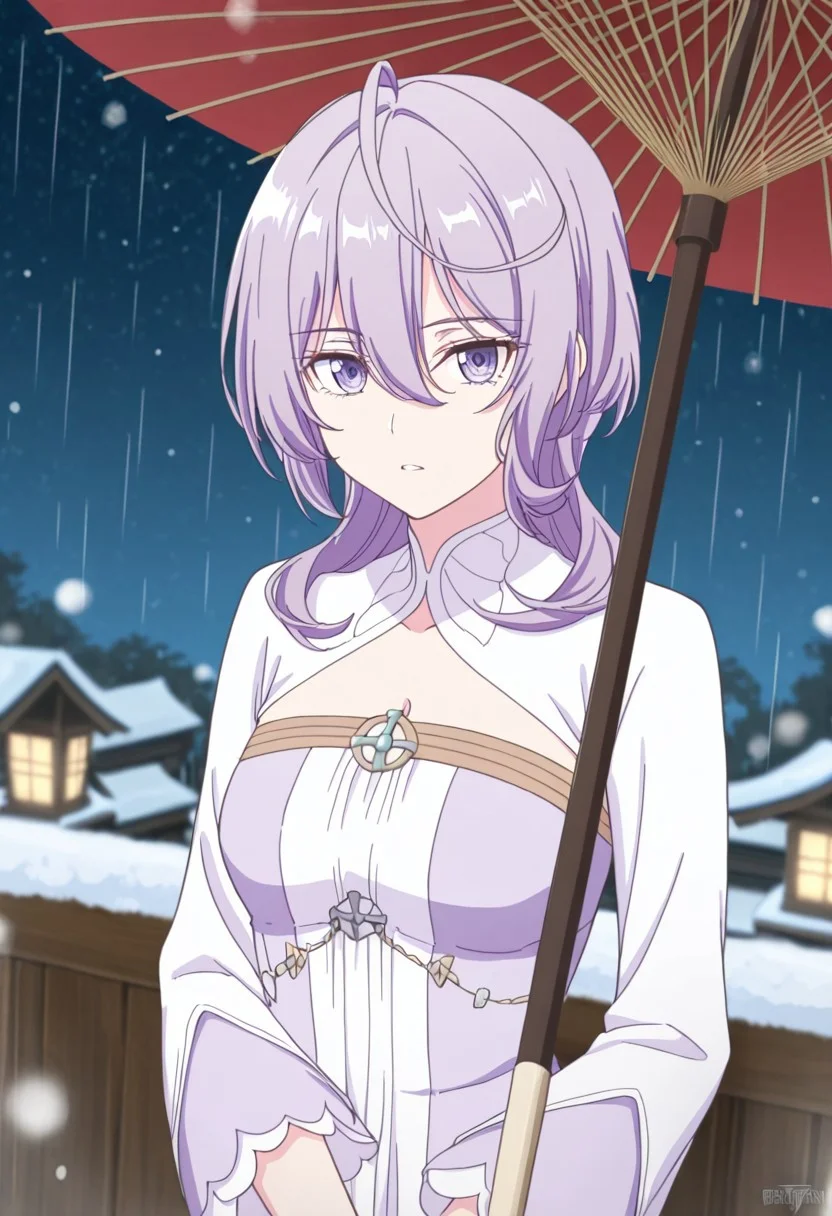masterpiece, best quality, philia adenauer,, purple hair, ahoge, long hair, blunt bangs, hair over shoulder, hair betveen eyes, purple eyes, small breasts, , closed mouth, serious face,, dress, two-tone dress, purple dress, white dress, sidelocks, long sleeves, white shoes,
female solo, solo, bokeh, luminescent background, (beautiful detailed eyes), (best shadow), ((an extremely delicate and beautiful)), (detailed light), ((depth of field)), frontal view, (detailed eyes:1.5), perfect hands, perfect eyes, better hands, dynamic poses, upscale 2x, top view, 1girl, breasts,umbrella, cleavage, starry sky, star \(sky\), oil-paper umbrella, snowing, solo,, looking at viewer, snow, night sky, night, large breasts, parted lips, rain, sky, upper body