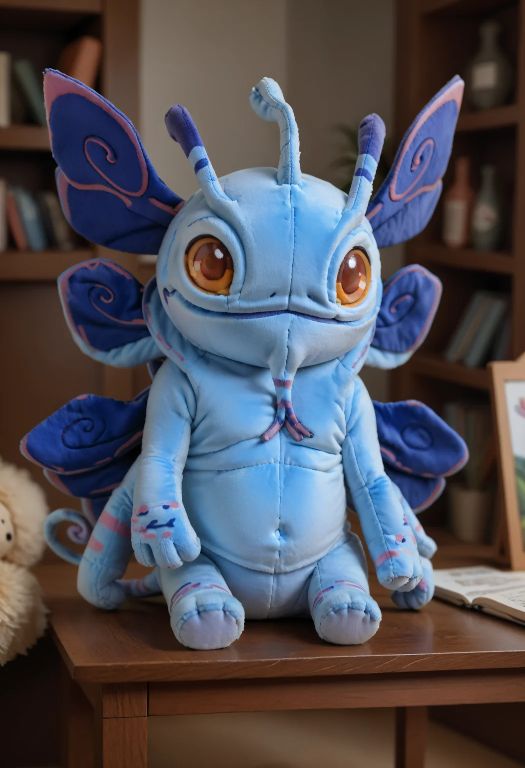 score_9, score_8_up, score_7_up, score_6_up, score_5_up, score_4_up, realistic BREAK puckpdxl, 1boy, solo, blue skin, wings, antennae, orange eyes,multiple arms, colored sclera, plump, sitting, miniature, table, tail, 3 fingers, lifeless, tilt-shift, <lora:Puck:0.7>, plushify, plushee, character stuffed toy, chibi, <lora:woafu_plushify_pony:0.4>