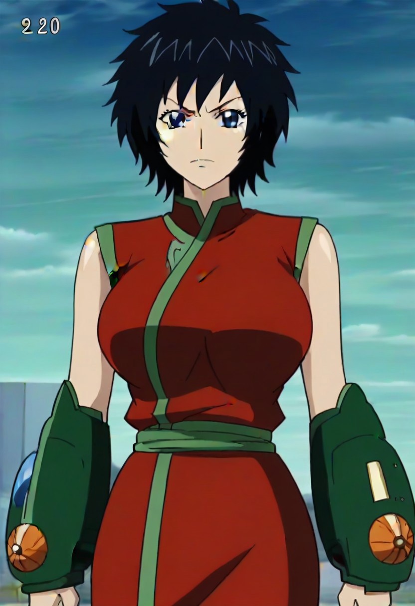 short black hair, blue eye, Scar on right cheek, red sleeveless outfit with green trim,, ,,,,,anime coloring, anime screencap , 1girl,Solo ,, anime,,PUFFY nipple,huge breasts,,, official art,,Uncensored ,Unedited ,,,, ,, ,, , ,,, ,, , ,,,
