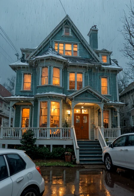 score_9,score_8_up,score_7_up, cold, raining overcast day, dark, 3+girls,  African-American women, medium breasts, wearing winter urban streetwear, standing on stoop of a 2-story house,  Oakland, (arched windows, bay windows, transom, small cornice, clapboard siding ,trim, ornate molding, columns on portico,  human scale, whole house in frame, tree,  power lines, telephone lines, car parked in front, circa 2025, fence, bushes, front view,  straight on,  short cornice, short architrave, white paint, clapboard siding, whole house in frame, Italianate:0.7),   v1ct0r14n <lora:Victorian_House_Pony:1> , dramatic, cinematic, movie scene, dynamic action