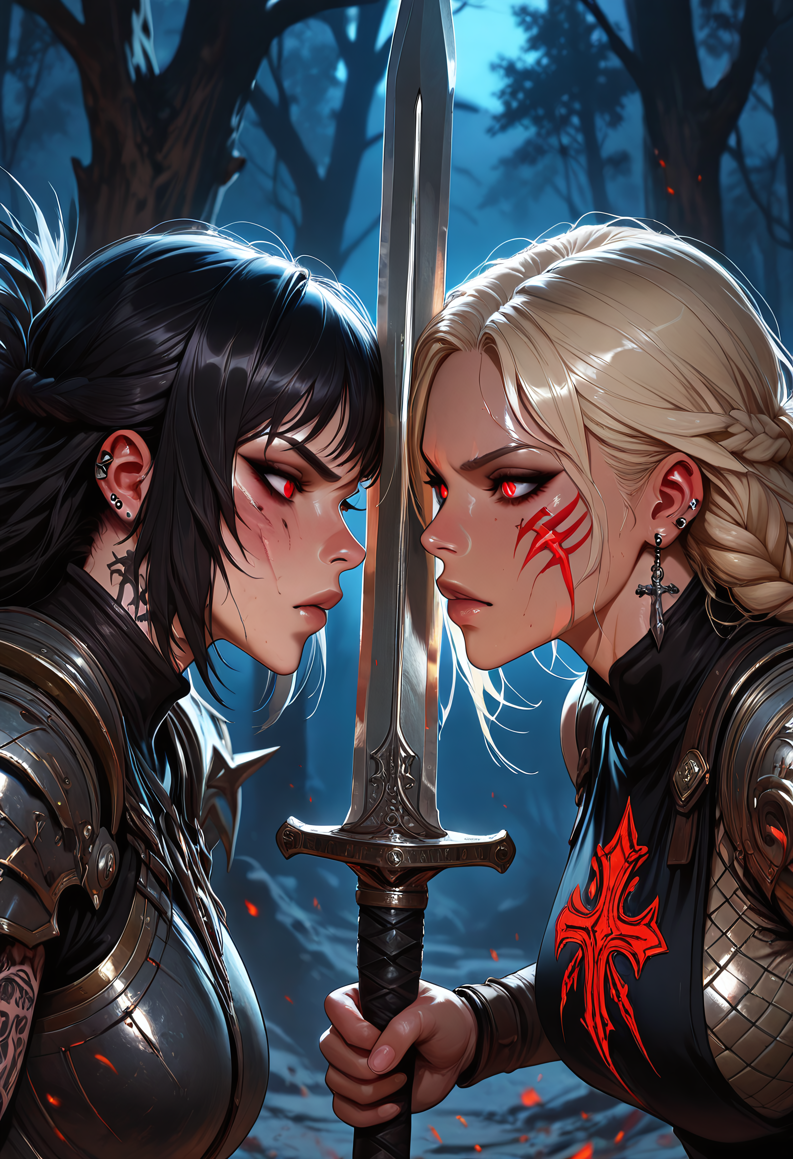 highres, very detailed, amazing quality, masterpiece,
very aesthetic,
particle effect, particle effects,

2girls, tan skin, warriror, knight, holy knight, long braided hair, Black hair, red eyes, perfect eyes, scars, scars on face, blonde highlights in hair, beautiful, Large breasts, perfect body, muscle tone, cross tattoo, cross tattoo on cheek, tattoos, arm tattoo, leg tattoo, neck tattoo, piercings, armor, tabard, red and black tabard, armor plating, jewelery, enchanted armor, enchanted sword, engraved armor, greatsword, long sword, curvy, 

fighting in a dark forest, foreshortening, focused, intense, night, at night, dark forest, dark, foggy, witchcraft symbols hanging from tree, symbols carved into trees, ritural markings, ominous, eerie,  

(action shot, sword fight, sword duel), 2 girls fighting with swords, battle, sword clash, crossed swords, crossed blades, 

(Face Focus, Close up), 
