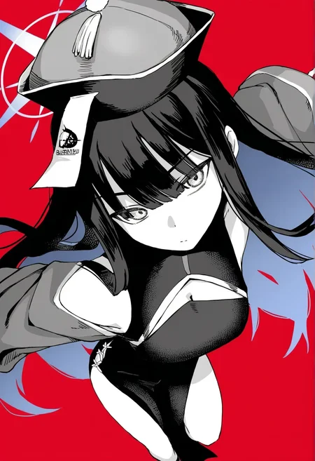 <lora:lo.c-000018:1>, solo, saori \(blue archive\),blue archive, masterpiece, best quality, qingdai guanmao, head tilt, alternate costume,dynamic pose, halo, perspective,monochrome,greyscale with colored background