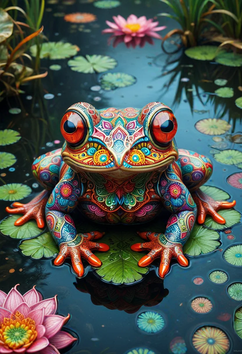 M4ND4L4S, frog made of colorful mandalas, located in a swamp, ,Masterpiece,best quality, photo, realistic, very aesthetic