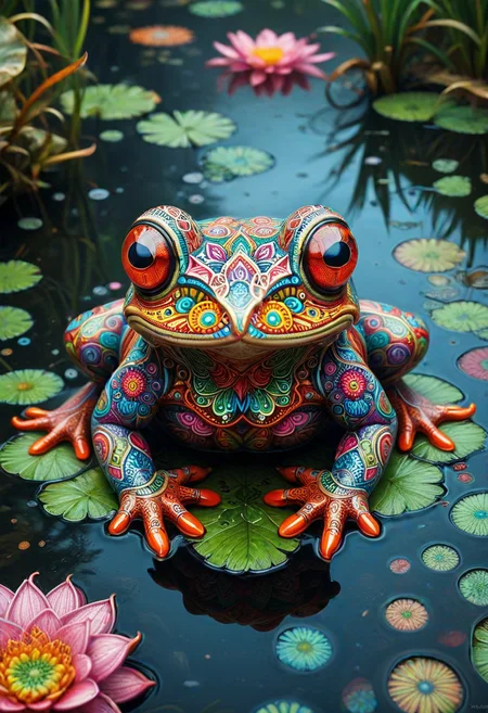 M4ND4L4S, frog made of colorful mandalas, located in a swamp, ,Masterpiece,best quality, photo, realistic, very aesthetic